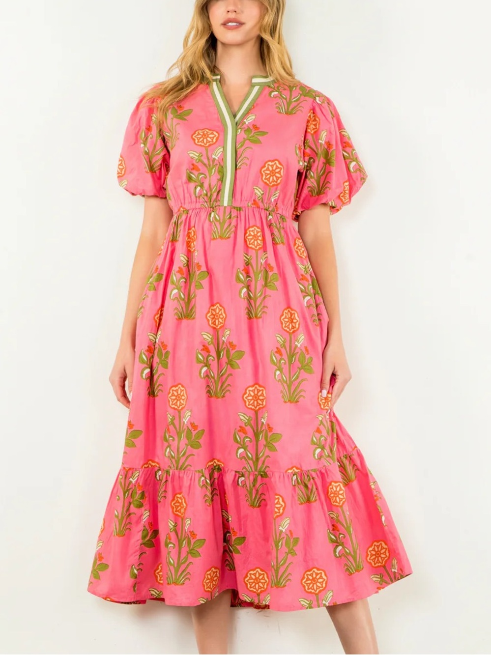 THML Floral Pink with olive green floral and trim Maxi Dress LARGE